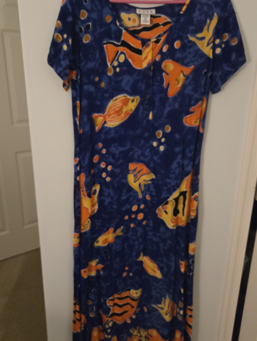 Navy Blue Tropical Fish Maxi Dress with Orange Print